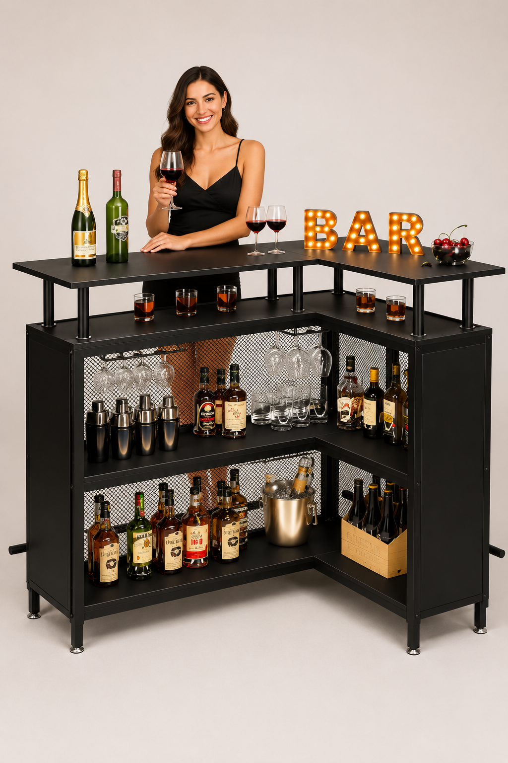 Modern Black L-Shaped Home Bar Cabinet with Raised Countertop