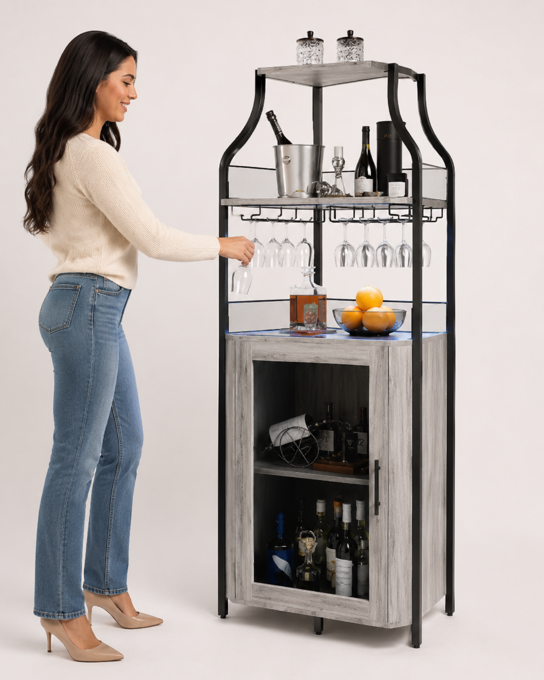 Modern Industrial Home Bar Cabinet with Wine Glass Rack