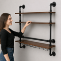 Industrial Pipe Wall Shelf with Stemware Rack