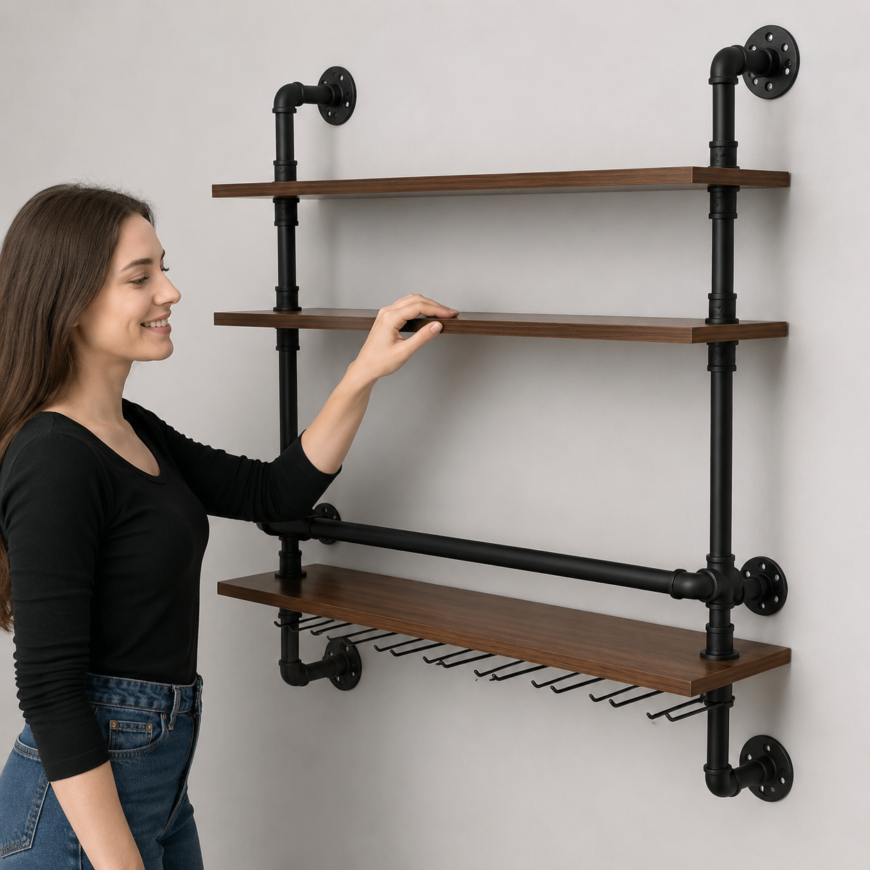 Industrial Pipe Wall Shelf with Stemware Rack