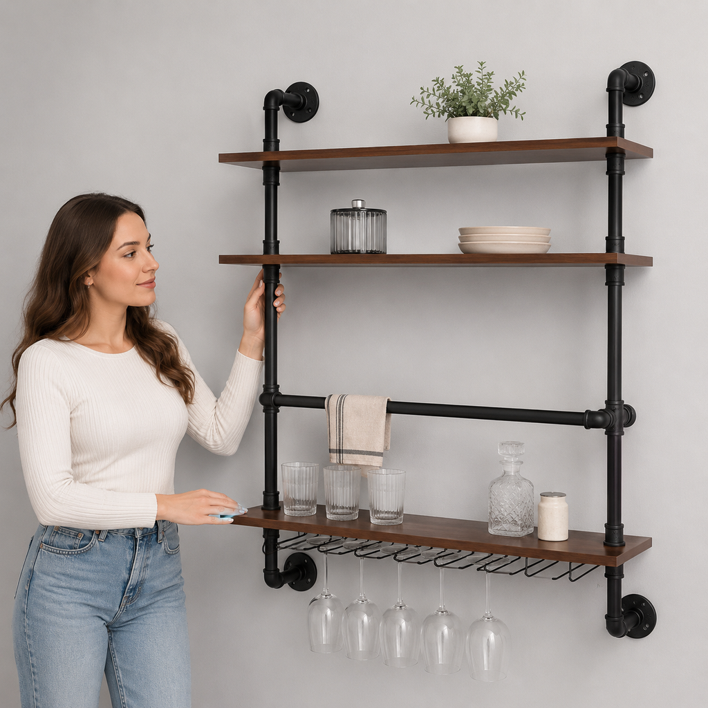 Industrial Pipe Wall Shelf with Stemware Rack