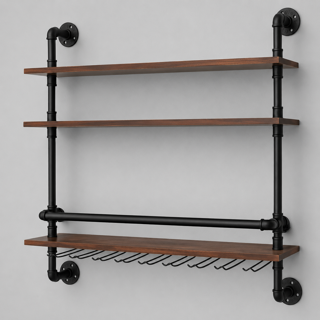 Industrial Pipe Wall Shelf with Stemware Rack
