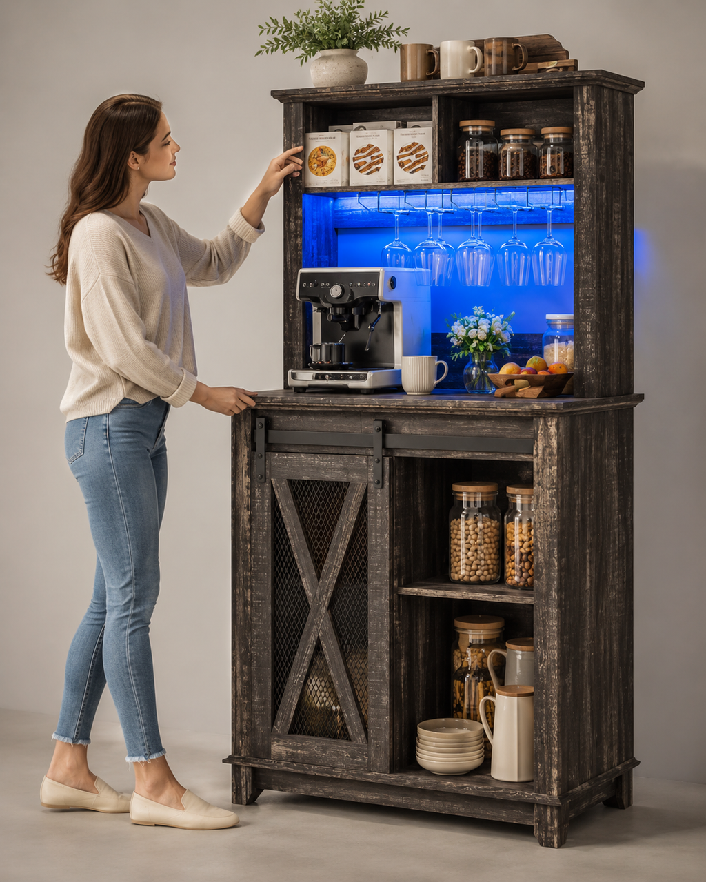 Rustic LED Coffee Bar Cabinet