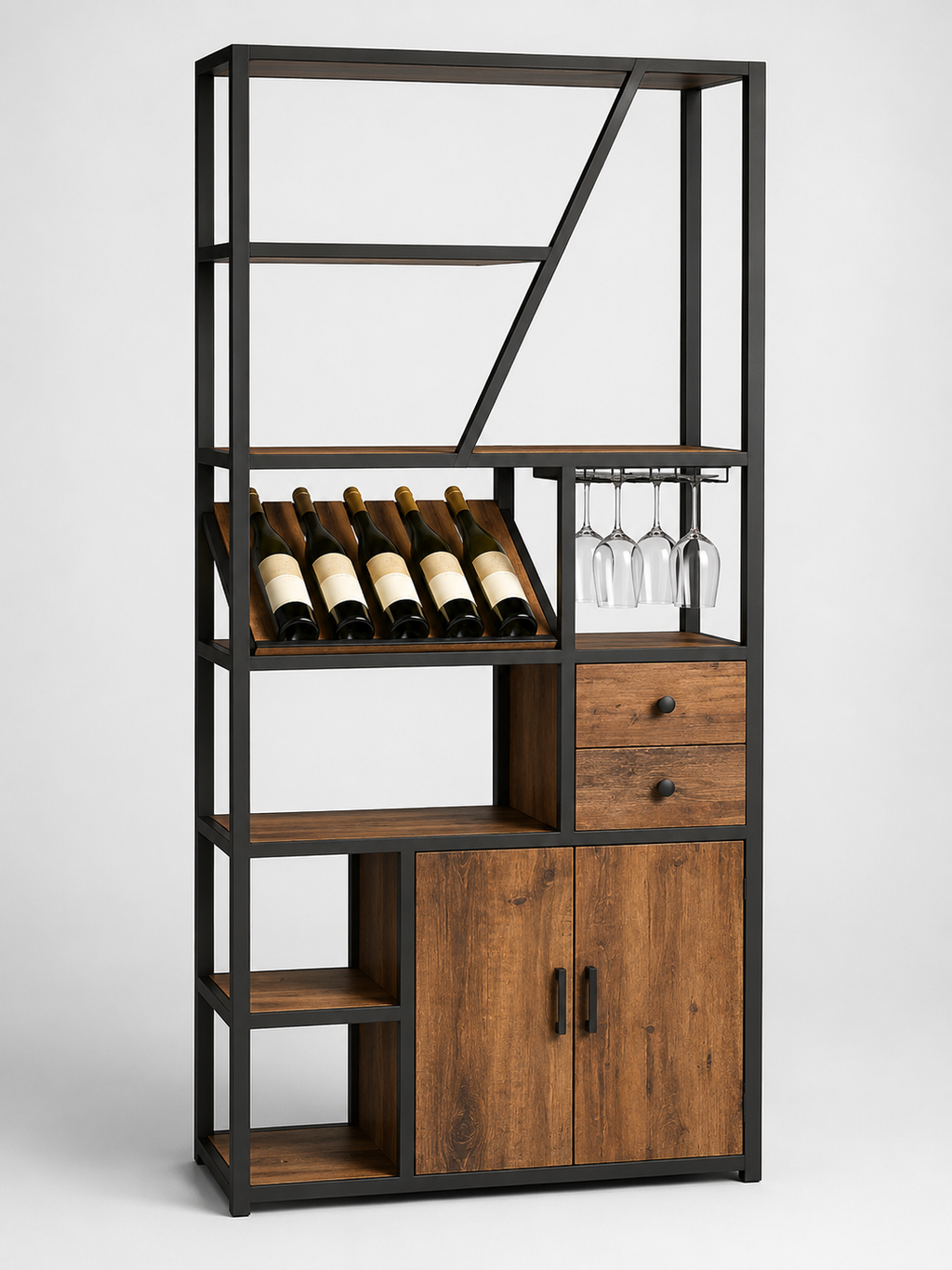 Industrial Wine Bar Cabinet with Glass Holder & Storage Shelves