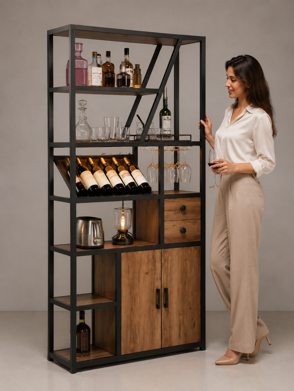 Industrial Wine Bar Cabinet with Glass Holder & Storage Shelves