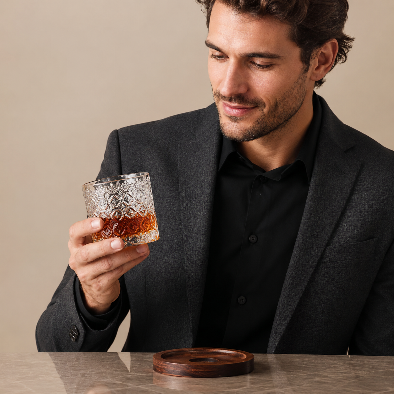 Heritage Cut-Glass Whiskey Tumbler with Wooden Coaster