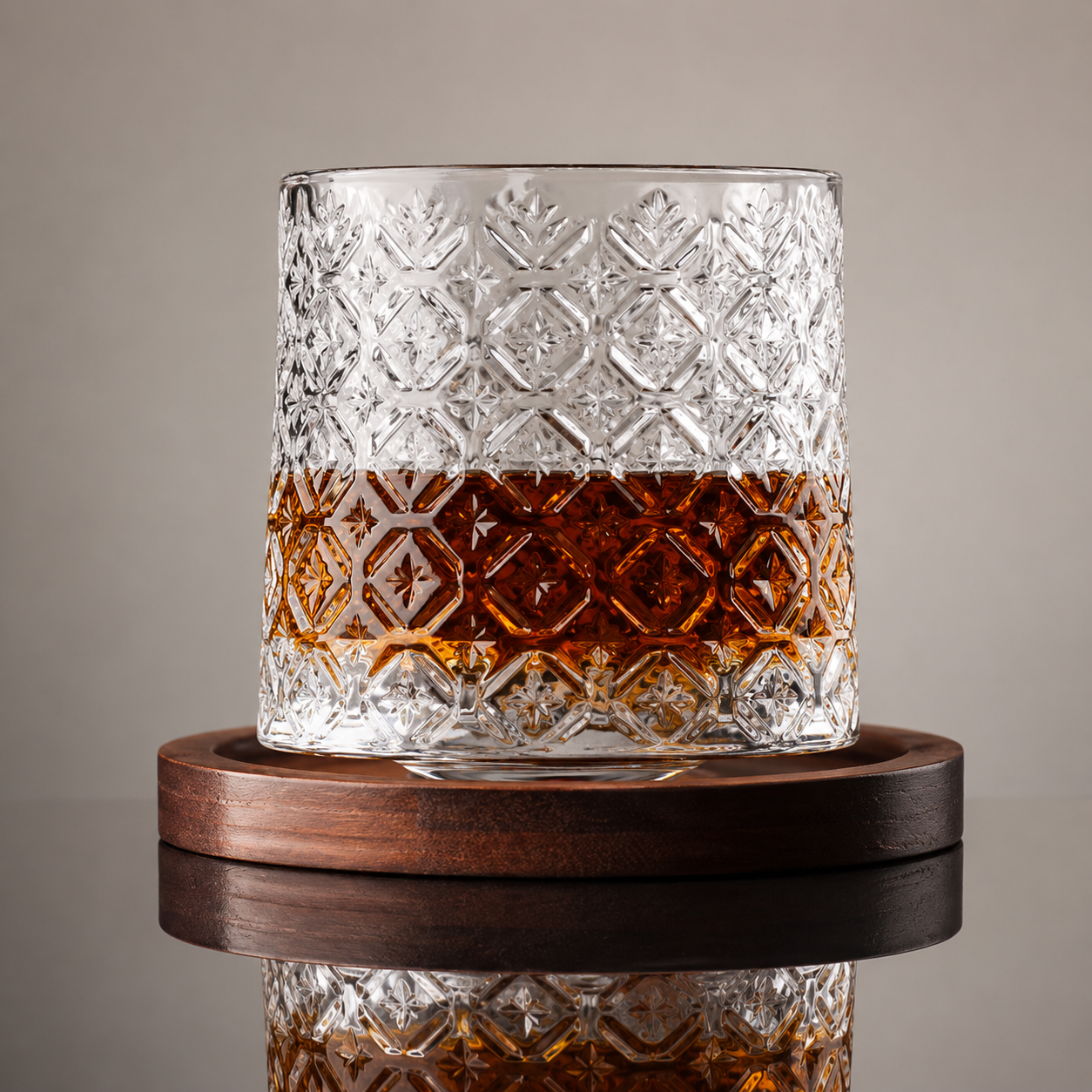 Heritage Cut-Glass Whiskey Tumbler with Wooden Coaster
