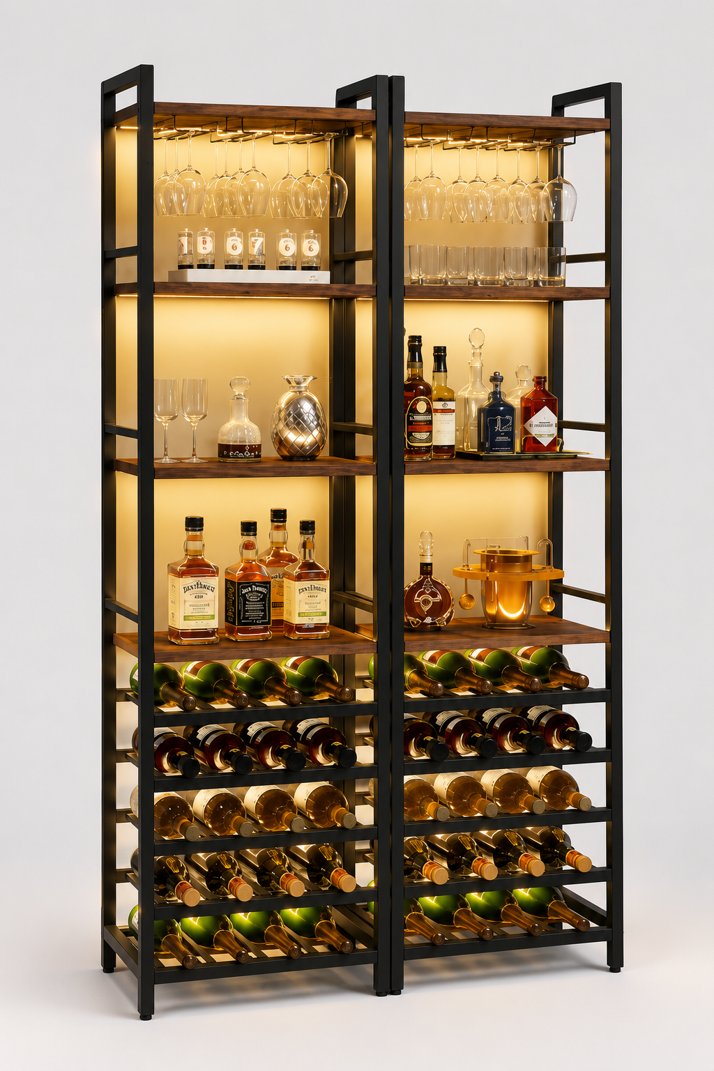 Industrial Black Metal & Wood LED-Lit Wine Rack Bar Cabinet